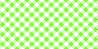 Gingham or vichy pattern with diagonal green and white squares. Checkered background. Spring or summer tablecloth, napkin, towel, handkerchief texture. Wrapping paper print. Picnic plaid design vector
