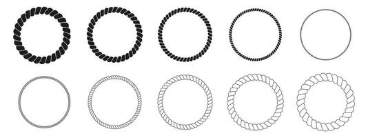 Set of round rope frames. Cord, thread, cable, twine, jute circular borders isolated on white background. Design elements on maritime, sailor, yacht, nautical theme vector