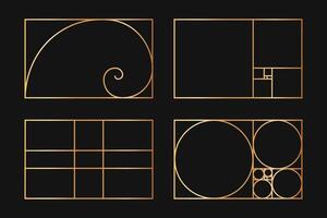 Collection of golden ratio templates. Logarithmic spiral. Fibonacci sequence as rectangle frames divided on lines, squares and circles. Perfect nature symmetry proportions grids vector