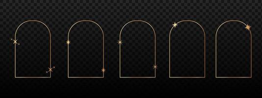 Set of golden boho frames. Collection of aesthetic gold arch shapes with twinkles and sparkles icons. Decorative elements in trendy 80s 90s style. Vintage vignettes. illustration vector