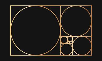 Golden ratio template. Gold-colored rectangle frame divided into squares and circles. Fibonacci sequence grid. Ideal nature symmetry proportions layout. illustration vector