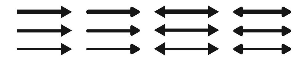 Set of arrow and double arrow icons. Look here symbols. Black horizontal pointer, direction, position, location, reverse or width signs isolated on white background vector
