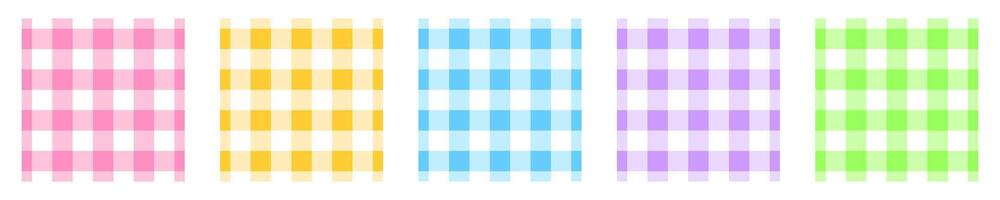 Set of gingham pattern samples. Checkered pastel textures for picnic plaid, tablecloth, napkin, blanket, handkerchief. Fabric geometric backgrounds. Retro textile designs vector