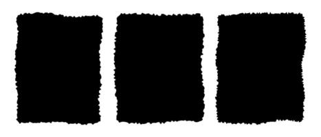 Set of torn paper pieces textures. Black rectangle shapes with ripped edges. Empty jagged text box, label, tag, patch, collage element templates isolated on white background vector