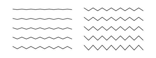 Horizontal zigzag lines. Jagged borders or dividers. Serrated stripes with different amplitudes of distortion. Water, fluid, air, wind symbols isolated on white background vector