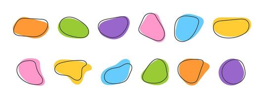 Set of colorful irregular amorphous shapes, uneven blots, asymmetric blobs, liquid ink spots, distorted blotches textures with black stroke. Trendy amoeba figures. flat illustration vector