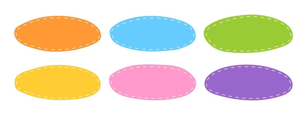 Hand drawn oval shapes with dashed stitches. Cute organic forms. Empty colorful tags, patches, text boxes, stickers, speech bubbles, labels, messages templates. flat illustration