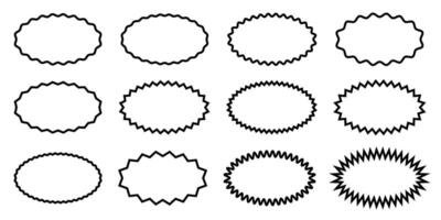 Set or oval frames with wavy and zigzag borders. Empty sale, price, discount, special offer, coupon, promo code tags. Speech bubbles, messages, text boxes in cartoon style vector