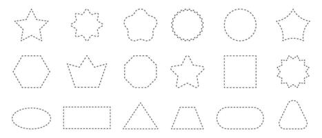 Set of geometric shapes with dashed lines. Dotted circle, square, rectangle, oval, star, crown and triangle figures isolated on white background. Cut here pictograms vector