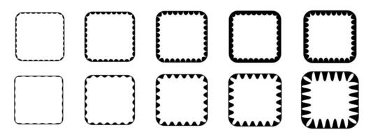 Set of square frames with wiggly inner borders. Tags, labels, stickers, text boxes templates with wavy inner edges. Decoration design elements isolated on white background vector