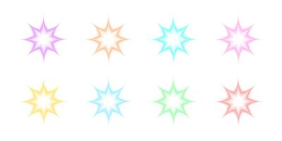 Set of trendy y2k stickers with gradient aura effect. Collection of colorful star, sparkle, twinkle shapes in holographic blurry style isolated on white background vector