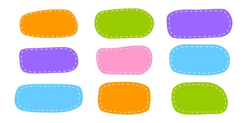 Hand drawn rectangle shapes with dashed stitches. Cute organic rectangular forms. Empty colorful tags, text boxes, stickers, labels, messages, speech bubbles templates
