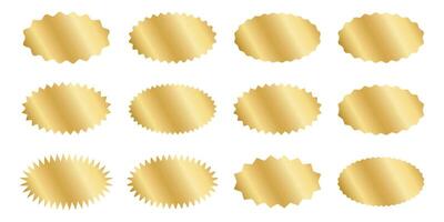 Set of silver and golden oval stickers with wiggle and zigzag borders. Shining labels, badges, price tags, coupons with undulated and jagged edges isolated on white background. illustration vector