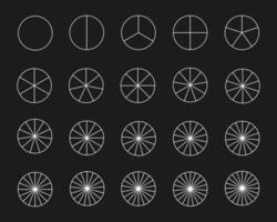 Circle divides into parts from 1 to 20. Round shapes cutting on equal slices. Set of white sector graphs. Donut, pizza or pie chart templates vector