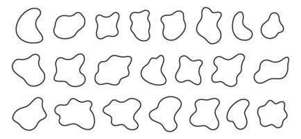 Set of irregular amorphous shapes, uneven blots, asymmetric blobs, liquid ink spots, distorted blotches textures isolated on white background. Trendy amoeba figures vector