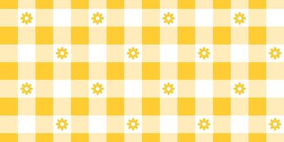 Gingham pattern with flowers. Checkered background with yellow and white squares. Spring or summer tablecloth, napkin, towel or handkerchief design. Wrapping or scrap paper print vector
