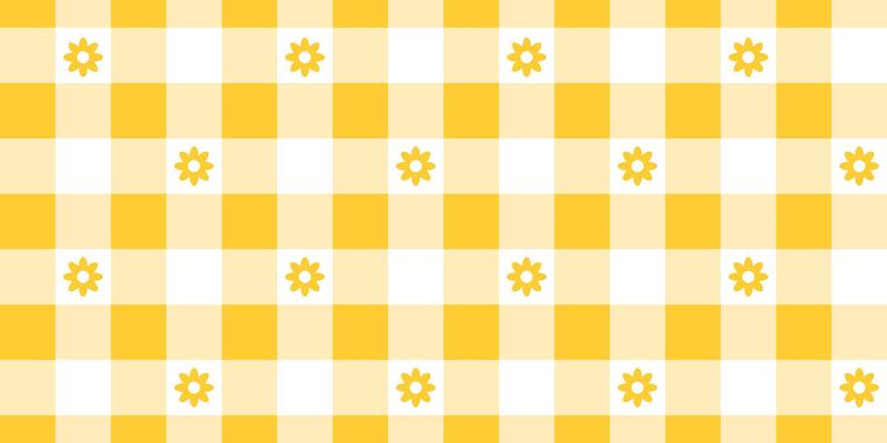Gingham pattern with flowers. Checkered background with yellow and white squares. Spring or summer tablecloth, napkin, towel or handkerchief design. Wrapping or scrap paper print