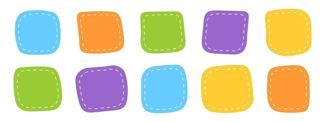 Doodle square shapes with dashed stitches. Cute organic forms. Empty colorful tag, patch, text box, sticker, speech bubble, label templates isolated on white background. flat illustration