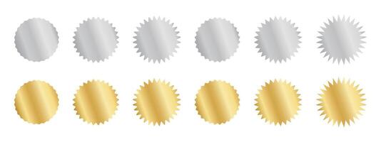 Set of silver and gold round stickers with wiggle and zigzag borders. Shining metallic labels, badges, price tags, coupons, stamps undulate shapes isolated on white background. illustration vector