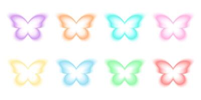 Butterfly shapes in holographic blurry style. Trendy y2k stickers with gradient aura effect in different pastel colors isolated on white background vector