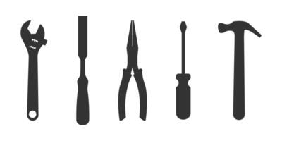 Set of different handyman tools. Adjustable wrench, chisel, pliers, screwdriver, hammer silhouettes. Toolkit of carpenter, repairman, builder, master vector