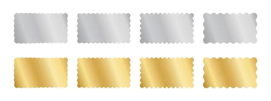 Set of silver and gold rectangle stickers with wavy borders. Shining rectangular labels, badges, price tags, coupons, promo codes, jackpot tickets templates with undulate edges. illustration vector