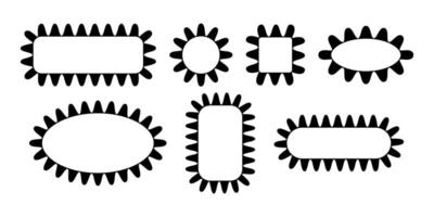 Set of scalloped round, square, rectangle and oval frames. Tags, labels, stickers or text boxes templates with scallop borders isolated on white background. graphic illustration vector