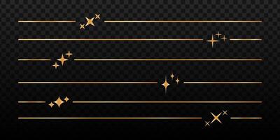 Set of golden page dividers isolated on dark background. Separate lines with star symbols. Cosmic, celestial, magic, mystic decorative elements. Elegant modern ornament. illustration vector