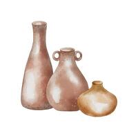 Clay dishes stand in a row in height in sepia tone watercolor illustration. High crock and small pot. Pottery pink jug with round handles hand drawn. For ceramics workshop, school, modeling clay vector