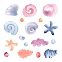 Variety of abstract sea elements such as shells, starfish, and pebbles illustrations. Vibrant watercolor set with sea plants and bubbles. Mix of pinks, purples, blues, and oranges in marine life. vector