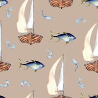 Seafaring in watercolor nautical pattern. Sailing ship and fish tuna hand drawn seamless design. Fish and boat on background isolated. Marine life element for textile, packaging, printed products. vector