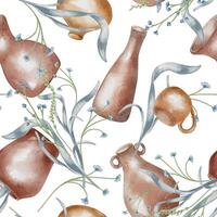 Pink clay vase handcrafted and small blue flowers watercolor seamless pattern isolated. Leaves and stem blue color in various vase on hand drawn background. For pottery themes textile, package. vector