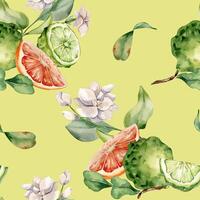 Jasmine branch and ripe fruits watercolor seamless pattern isolated on neutral. Bergamot and grapefruit drawing. Floral summer print with slices citrus hand drawn for packaging, wrapping paper vector