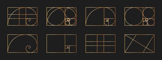 Set of golden ratio templates. Logarithmic spiral in rectangle frame divided on lines, squares and circles. Fibonacci sequence grids. Ideal nature symmetry proportions layouts vector