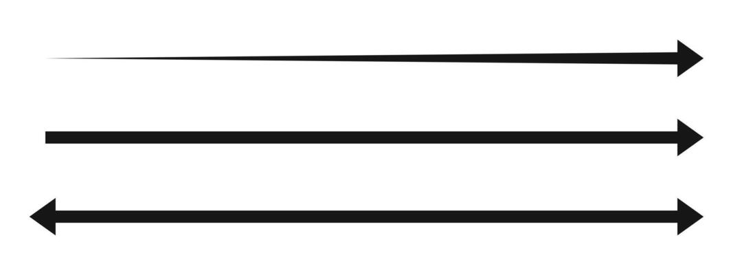 Long straight arrow and double arrow icons. Black horizontal pointer, direction, position or location and width signs