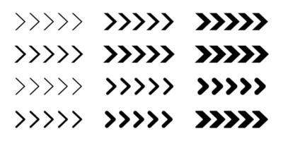 Set of black chevron arrows of different thickness. Ornament with repeated V shaped stripes. Pointer, road caution, military, navigation signs isolated on white background vector