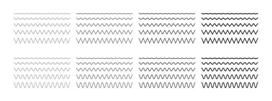 Zigzag and wave horizontal lines of different thickness. Set of simple jagged and undulate borders. Sinus, water, fluid, air or wind symbols isolated on white background vector