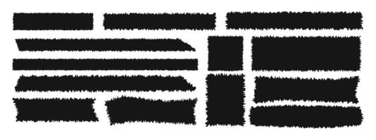 Set of different torn paper textures. Black rectangle shapes with ripped edges isolated on white background. Blank jagged textbox, tag, patch, tape templates vector