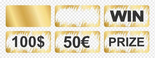 Golden scratch card surfaces with new and scraped textures with Win, Prize and money winning text. Set of of winner lotteries, sale coupons, jackpot scratchcards templates. illustration vector