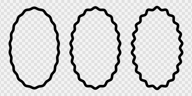 Set of oval photo or picture frames with wiggly borders. Vignette shapes with squiggly, wavy, undulated, serrated borders isolated on white background. graphic illustration