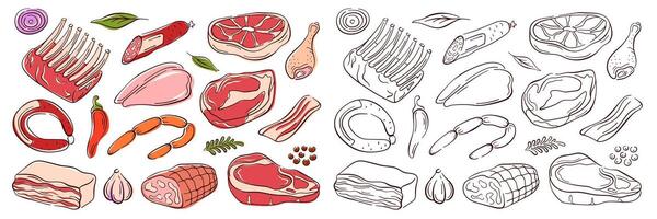 Set of meat products sausage, meat, steak, chicken leg, fillet, ribs, steak, bacon, ham and vegetable. Line art flat design of pieces of meat. Isolated on white background. vector