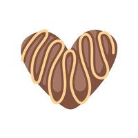Heart shaped chocolate candy in mocha mousse color with caramel drizzle in flat style. Perfect for Valentines Day, romantic theme and delicious dessert design. vector