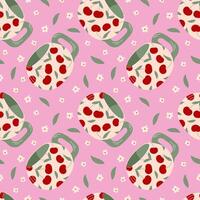 Seamless pattern with cherry decorated mug, green leaves and white flowers on a pink background in flat style. Ideal for fabric design, wrapping paper and home decor. vector