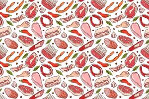 Seamless meat pattern in flat style with different meats on a white background. Steak, sausage, ribs and vegetable. Perfect for culinary project, packaging or restaurant menu. vector