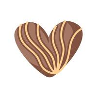 Heart shaped chocolate candy in mocha mousse color with decorative caramel lines in flat style. Sweet and elegant dessert perfect for Valentines Day, packaging and greeting card. vector