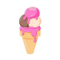 Ice cream cone with three scoops and pink dripping glaze topped with heart shaped sprinkles in cartoon style. Sweet and colorful treat for celebration, summer theme and romantic holiday. vector