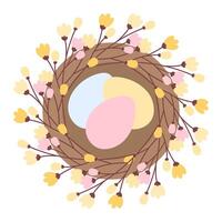 Colorful Easter Eggs in nest with blooming sprigs in trendy festive soft shades. Ester greeting idea. Isolate illustration Thematic cards, posting, blogging or web promo leaflets, banner, price vector