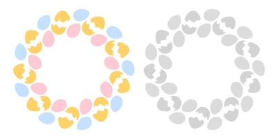 Cracked and Whole Easter Eggs Round Frames borders colorful and grayscale. Copy space Template Set 2. Isolated illustration Thematic card, leaflet, booklet, price tag, label or web promo banner vector