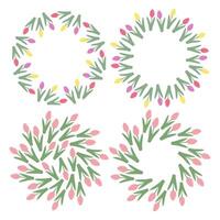 Hand drawn Colorful tulips Circle Frames and Round Background in trendy springtime shades. Set of 4. Isolated illustration Thematic cards, blog, banner, leaflets, label, media post or web promo vector