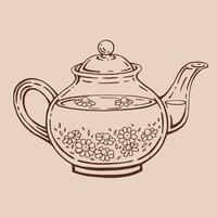 Teapot of tea with chamomile. Hand drawn illustration in outline style. vector